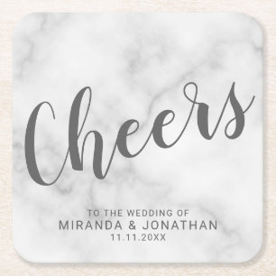 'Cheers' Modern Script White Marble Wedding Square Paper Coaster