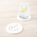 Cheers Modern Unique Personalised Custom Wedding Coaster<br><div class="desc">Looking for a unique and personalised wedding favour that your guests will love? Look no further than these Cheers Modern Unique Personalised Custom Wedding Sandstone Coasters! With a simple yet stylish design featuring the word "Cheers" in a modern, calligraphy script font, these coasters are perfect for any wedding, bridal shower,...</div>