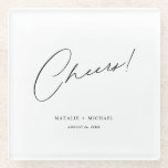 Cheers Modern Unique Personalised Custom Wedding Glass Coaster<br><div class="desc">Looking for a unique and personalised wedding favour that your guests will love? Look no further than these Cheers Modern Unique Personalised Custom Wedding Glass Coasters! With a simple yet stylish design featuring the word "Cheers" in a modern, calligraphy script font, these coasters are perfect for any wedding, bridal shower,...</div>