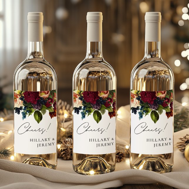 Cheers! Moody Floral Wedding Burgundy Wine Label (Creator Uploaded)