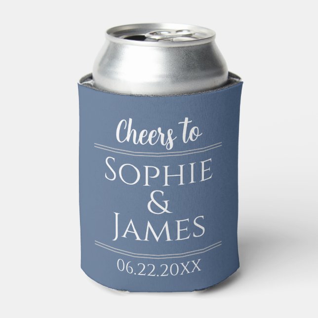 Cheers Mr & Mrs Dusty Blue Wedding Favour Can Cooler (Can Front)