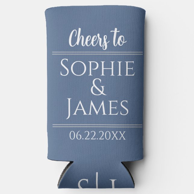 Cheers Mr & Mrs Dusty Blue Wedding Favour Seltzer Can Cooler (Front)