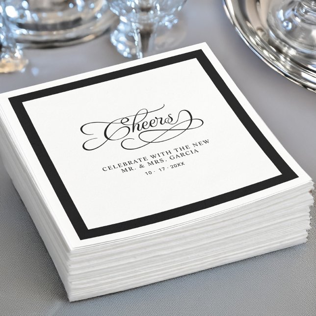 Cheers Mr & Mrs Wedding Calligraphy Border Black  Napkin (Cheers Mr & Mrs Wedding Calligraphy Border Black Napkins)