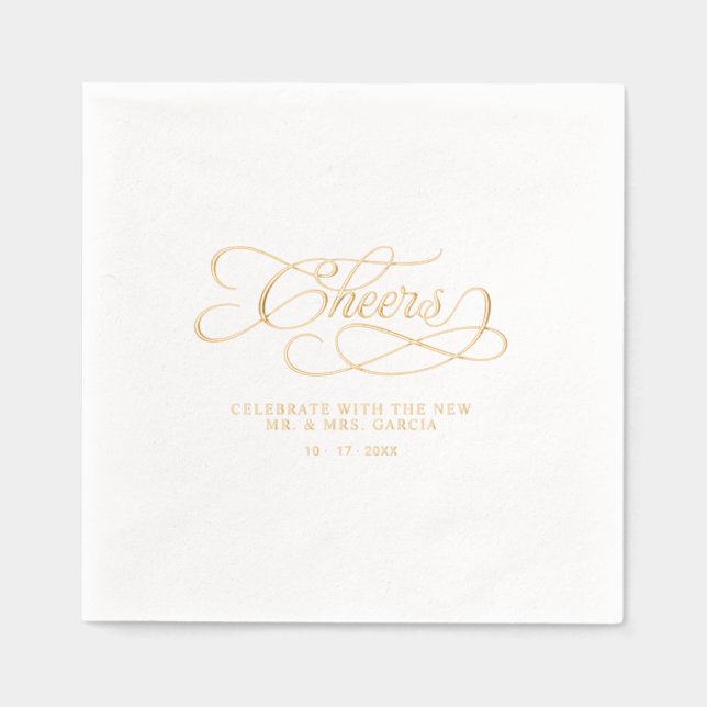 Cheers Mr & Mrs Wedding Calligraphy Gold Foil Napkins (Front)