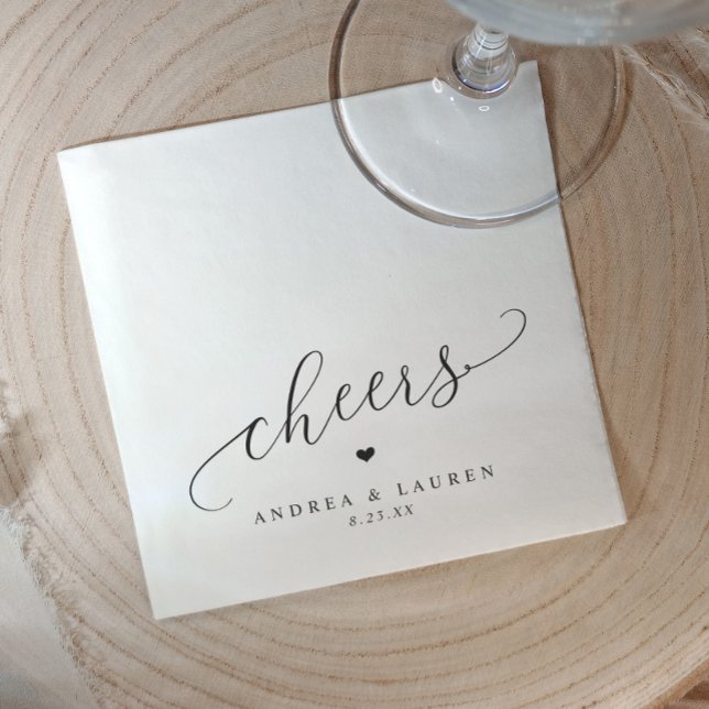 Cheers Napkins Heart Romantic Modern Wedding (Cheers napkins personalized with couple's names and wedding date. Perfect for wedding cocktails)