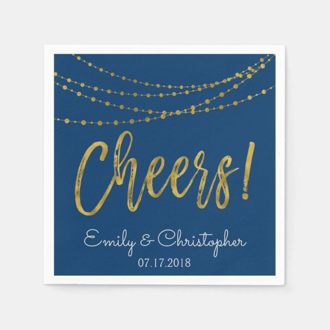Cheers Navy Blue and Gold Foil String Lights Napkin (Front)