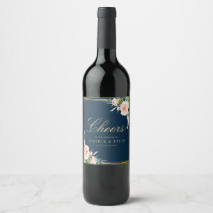 CHEERS   navy blue & blush floral wedding Wine Label