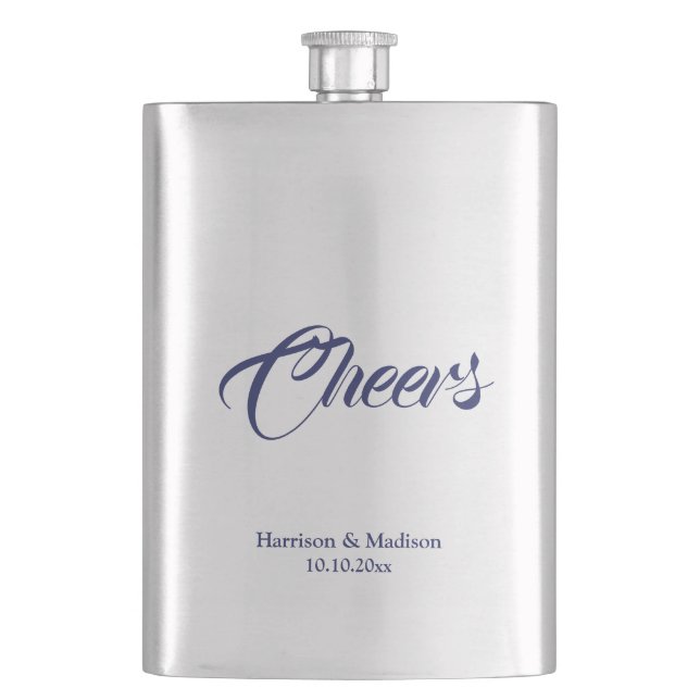Cheers navy blue custom wedding gift favours hip flask (Front)