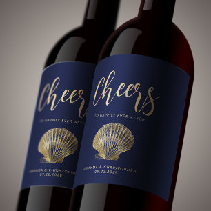 Cheers Navy Blue Gold Coastal Beach Wedding Wine Label