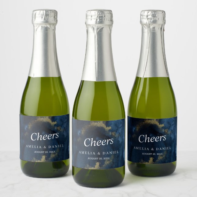 Cheers Navy Blue, Gold Mini Sparkling Wine label (Bottles)