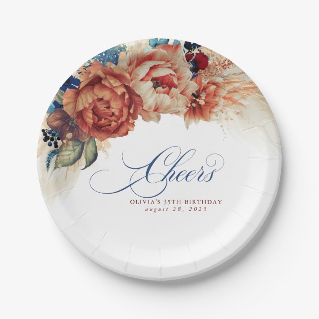 Cheers Navy Blue Terracotta Floral Pampas Grass Paper Plate (Front)