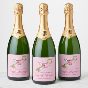 Cheers New Home Pink Chic Floral and Retro Key Sparkling Wine Label