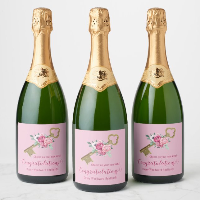 Cheers New Home | Pink Chic Floral and Retro Key  Sparkling Wine Label (Bottles)