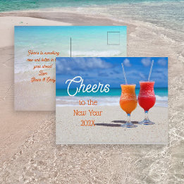 Cheers New Year Greeting Drinks on Beach Postcard