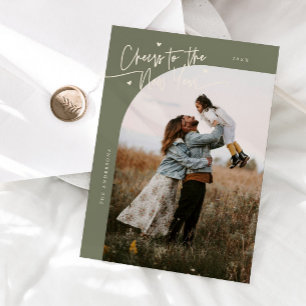 Cheers New Year Sage Green Curved Frame Photo Holiday Card