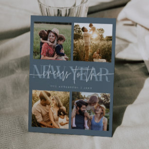 CHEERS New Year Slate Blue Photo Grid Holiday Card
