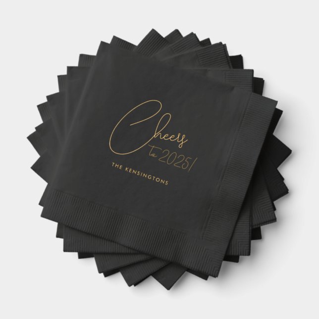 Cheers New Year's Custom Name Black Gold Foil Napkins (Insitu (Stacked))