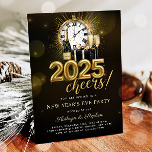 Cheers New Years Eve Party 2025 Gold Champagne  Invitation