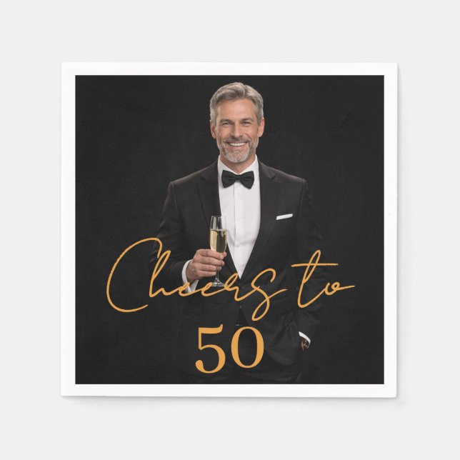 Cheers photo gold birthday party napkin (Front)