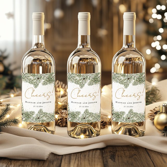 Cheers Pine & Gold Christmas Festive Wedding Wine Label (Creator Uploaded)