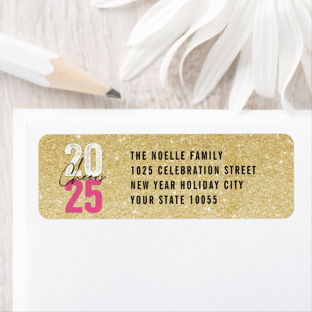 Cheers Pink 2025 Glitter New Year Return Address Label (Insitu)