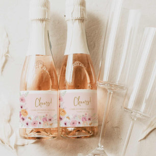 Cheers Pink Floral Bridal Shower Sparkling Wine Label