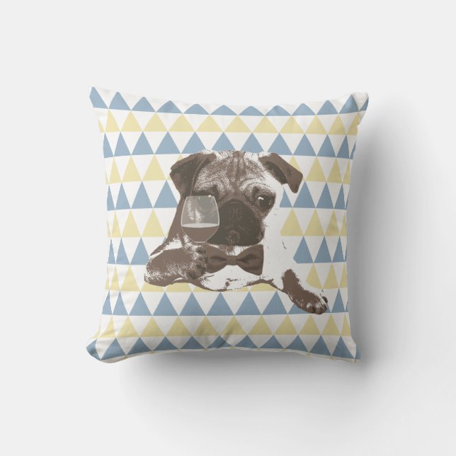 Cheers Pug with a Glass of Wine Triangle Patterns Cushion (Front)