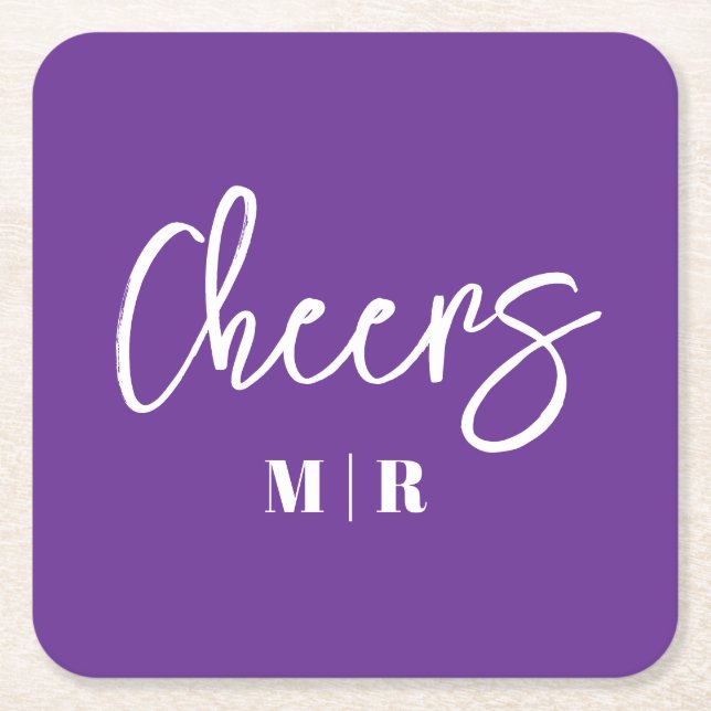 Cheers purple square paper coaster (Front)