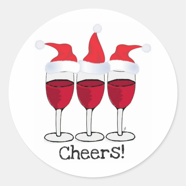 CHEERS! RED WINE AND CHRISTMAS HATS PRINT CLASSIC ROUND STICKER (Front)