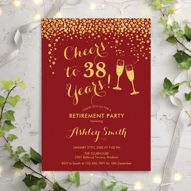 Cheers Retirement Party Invitation Red Gold (Creator Uploaded)