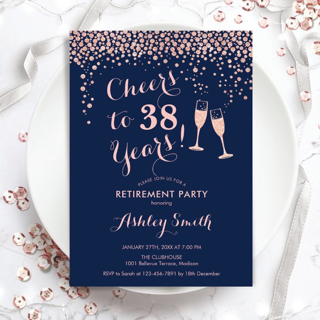 Cheers Retirement Party - Navy Rose Gold Invitation (Creator Uploaded)