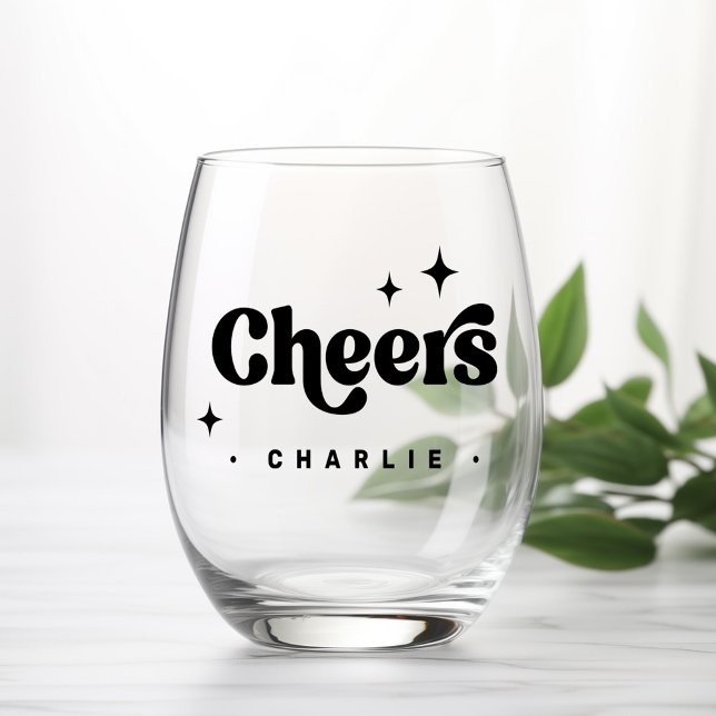 Cheers retro font stars custom name stemless wine glass (Cheers retro font stars custom name stemless wine glass)