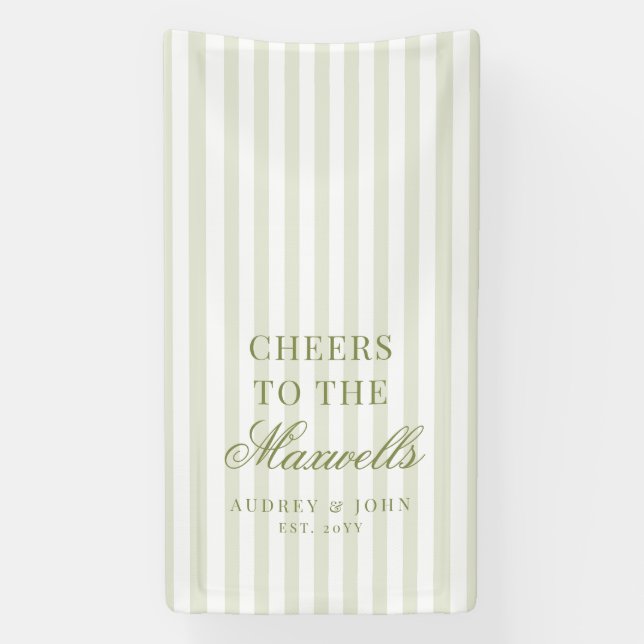 Cheers Retro Green White Stripes Script Wedding Banner (Vertical)