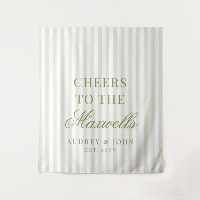 Cheers Retro Green White Stripes Script Wedding Tapestry (Front)