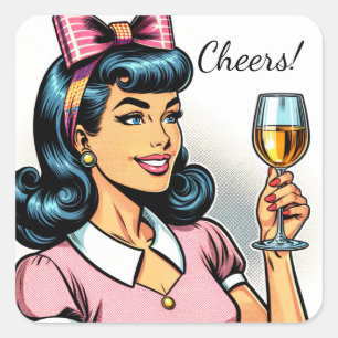 Cheers! Retro Lady with Glass of Wine Square Sticker