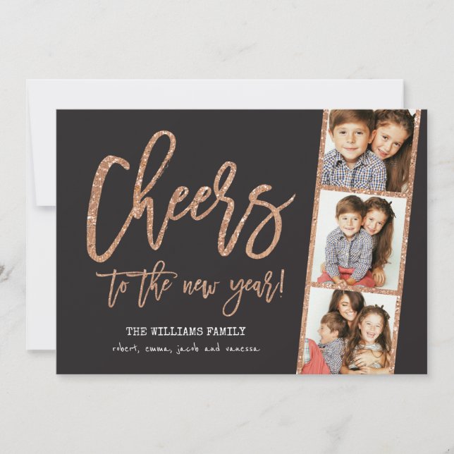 Cheers Rose Gold Glitter 3-Photo Filmstrip Holiday (Front)