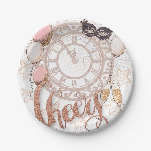 Cheers Rose Gold Script Clock Champagne New Year Paper Plate (Front)