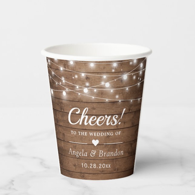 Cheers Rustic Wood String Lights Wedding Party Paper Cups (Front)