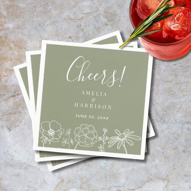 Cheers Sage Green Elegant Floral Line Art Wedding Napkin (Cheers Sage Green Elegant Floral Line Art Wedding Cocktail Napkin with Couple Names, Wedding Date.)
