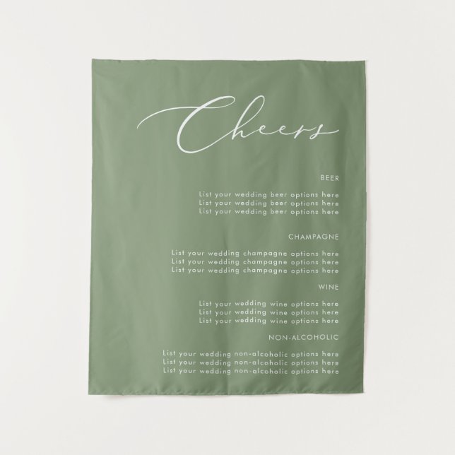 Cheers Sage Green Wedding Drinks Fabric Sign Tapestry (Front)