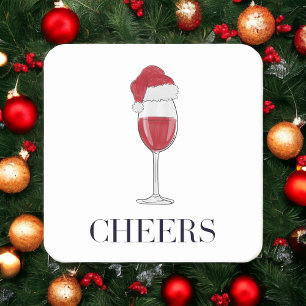 Cheers Santa Hat Wine Christmas Party Square Paper Coaster