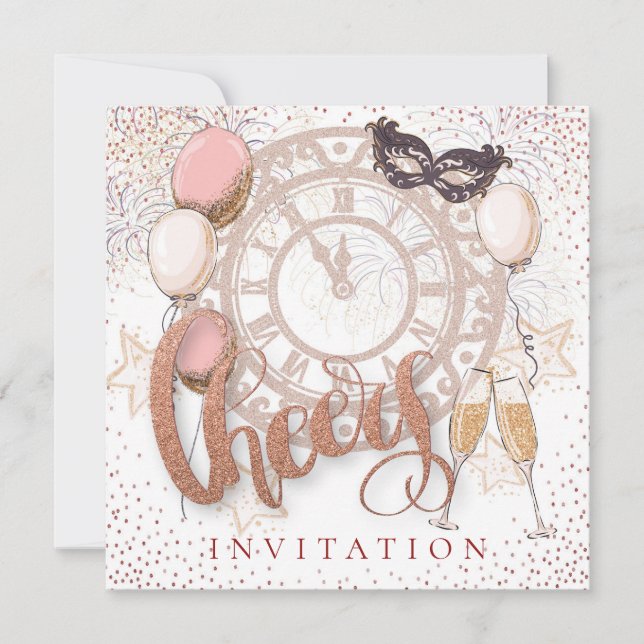 Cheers Script Champagne ConfettI New Year Party Invitation (Front)