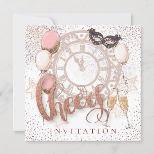 Cheers Script Champagne ConfettI New Year Party Invitation