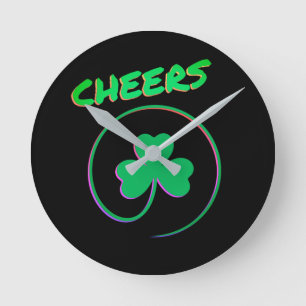 Cheers Shamrock Clover Ireland Irish Round Clock