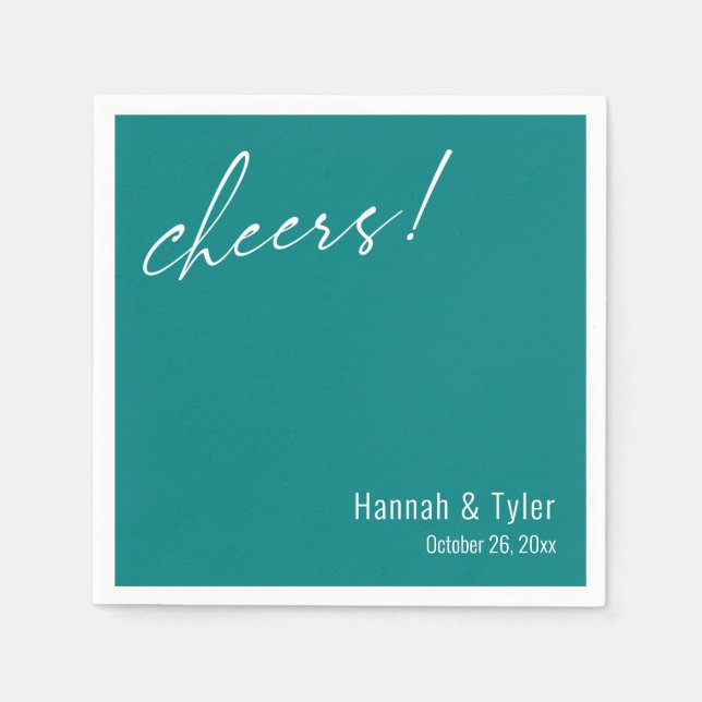 Cheers! Simple Elegance Wedding Typography Teal Napkin (Front)