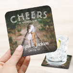 Cheers Simple Photo Modern Picture Wedding Favours Square Paper Coaster<br><div class="desc">Add a personalised finishing touch to your special day celebration with these custom photo square pulp board drink coasters. (IMAGE PLACEMENT TIP: An easy way to centre a photo exactly how you want is to crop it before uploading to the Zazzle website.) Design features one picture of your choice, handwritten...</div>