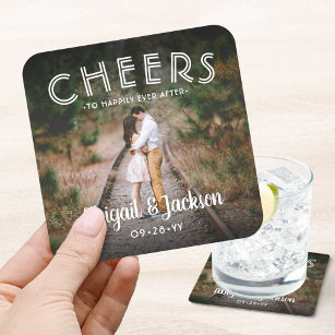 Cheers Simple Photo Modern Picture Wedding Favours Square Paper Coaster