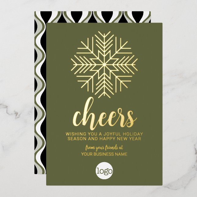 Cheers Snowflake Business Greeting - Green Gold Foil Holiday Card (Front/Back)