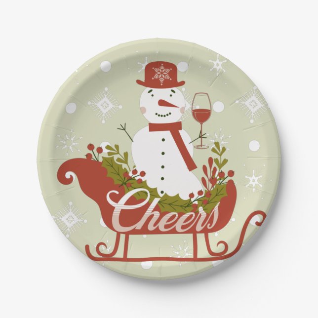 Cheers Snowman with Wine and Sled Christmas Party Paper Plate (Front)