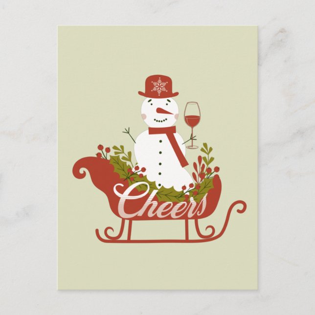 Cheers Snowman with Wine and Sled Christmas  Postcard (Front)